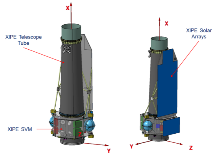Two views of the spacecraft concept, with the telescope tube and solar arrays labelled