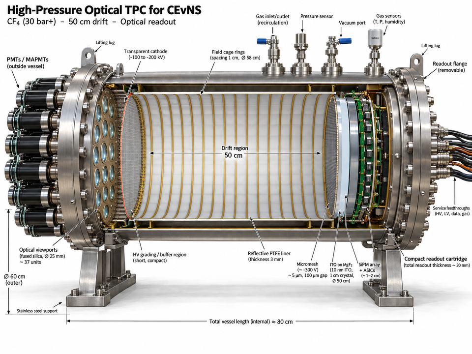Cutaway concept illustration of a high-pressure optical TPC, with a cylindrical drift volume, optical viewports and a compact readout assembly